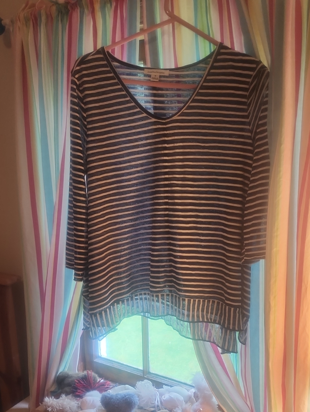 JohnPaulRichard Navy and White Striped V-Neck Long Sleeve Top